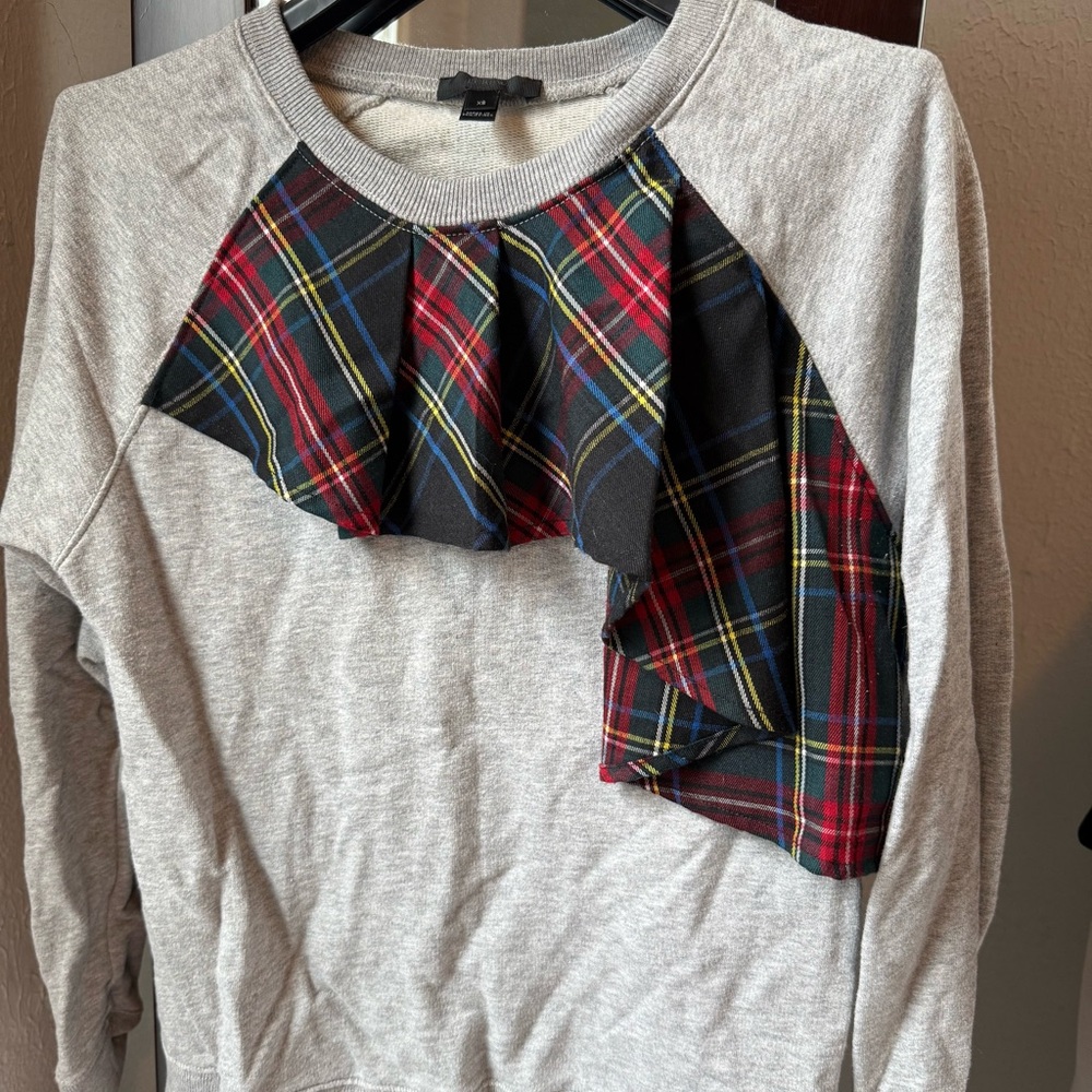 Gray Sweatshirt with Plaid Ruffle Detail